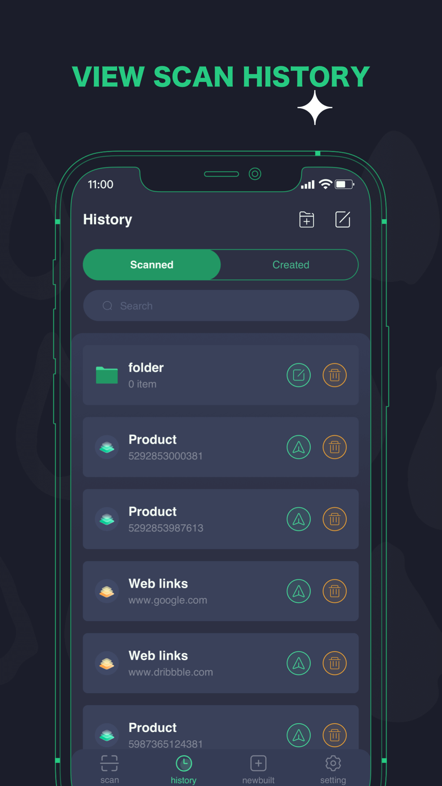 QR Reader preview showing organized scan history