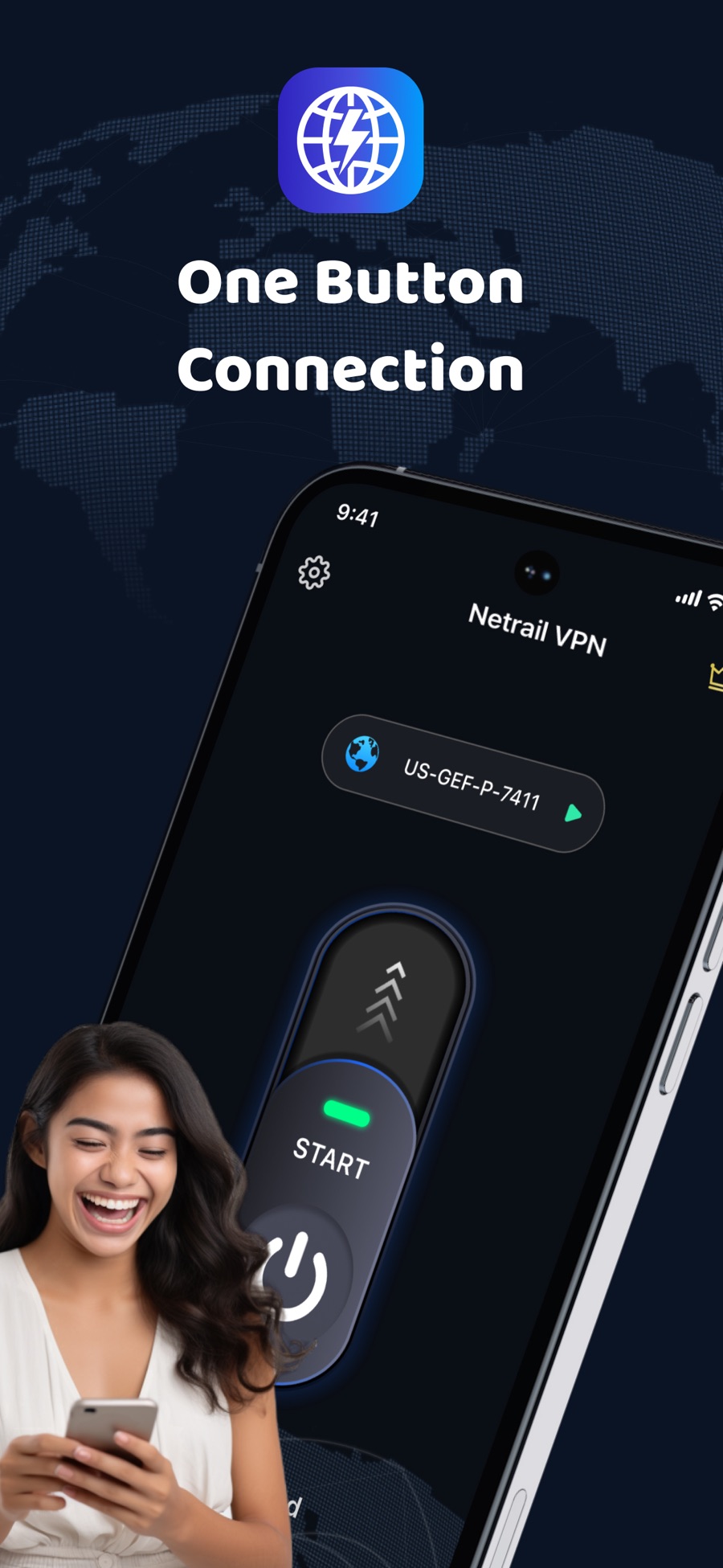 Netrail VPN App Store preview showing one-button connection